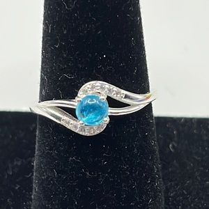 NEON BLUE APATITE, CZ, AND STERLING SILVER RING SIZE 9